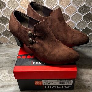 Rialto Dark Brown Suedeette Ankle Heels with Button Detail